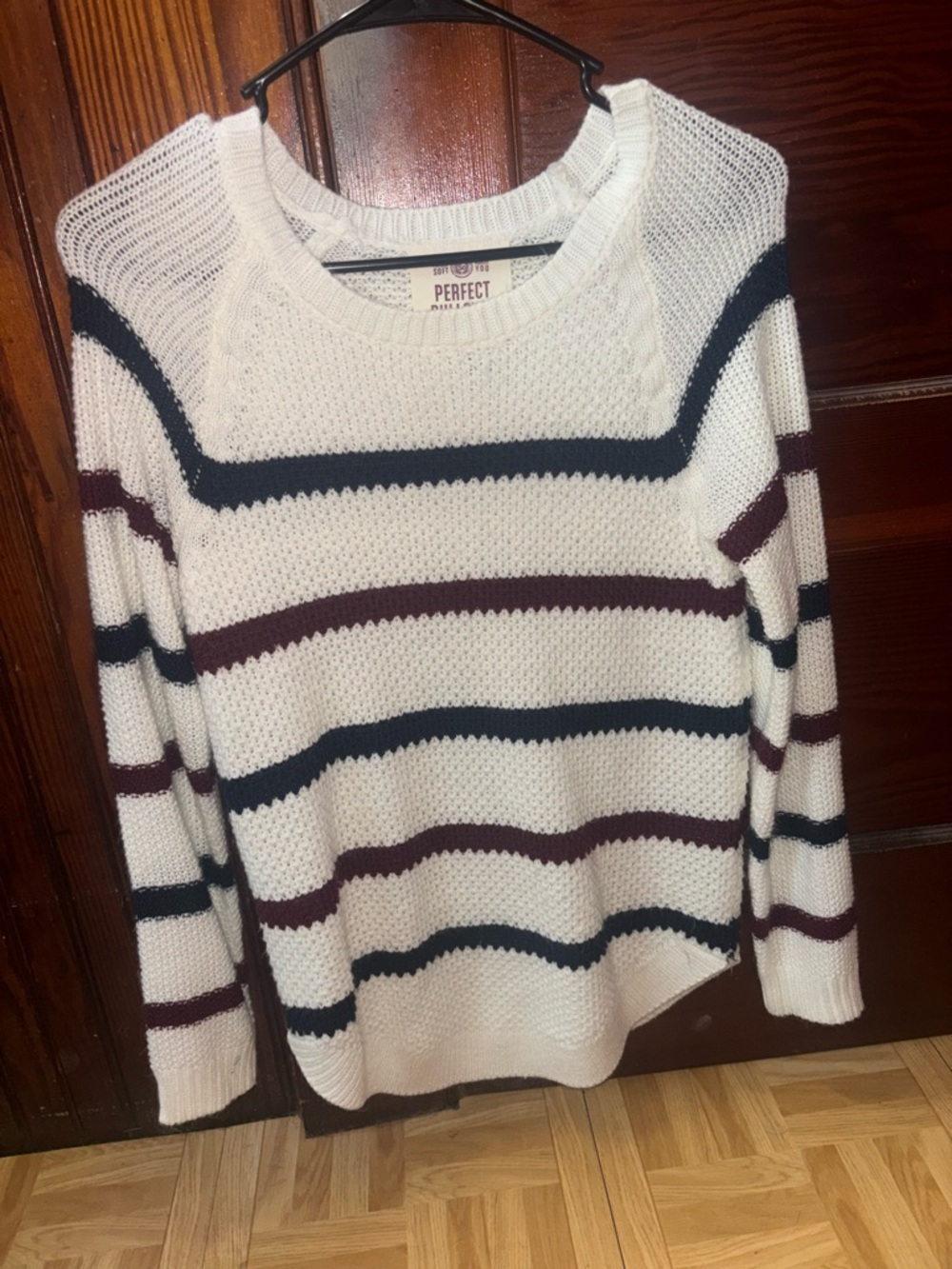 SO White Crewneck Sweater with Navy and Burgundy Stripes